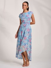 Jolie Moi Blue Asymmetric Draped Mesh Maxi Dress - Image 7 of 7