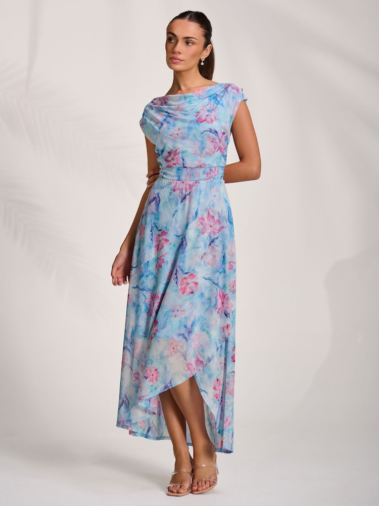 Jolie Moi Blue Asymmetric Draped Mesh Maxi Dress - Image 7 of 7