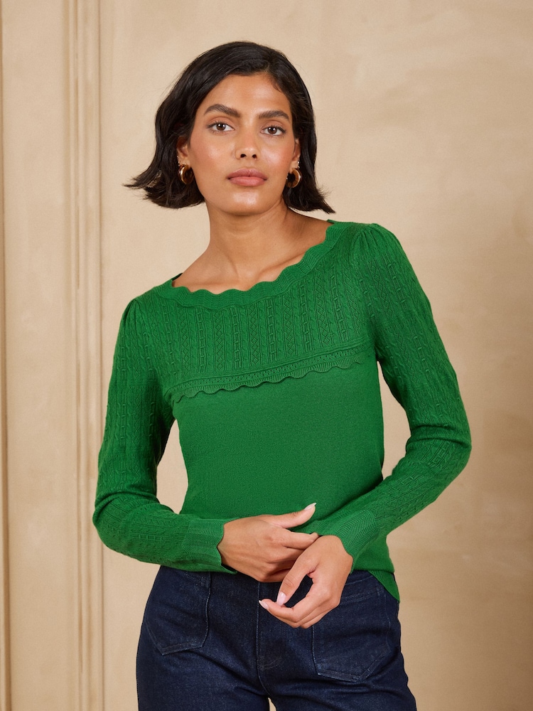 Love & Roses Green Scalloped Slash Neck Long Sleeve Knitted Top - Image 1 of 5