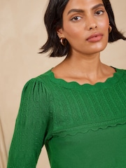 Love & Roses Green Scalloped Slash Neck Long Sleeve Knitted Top - Image 2 of 5
