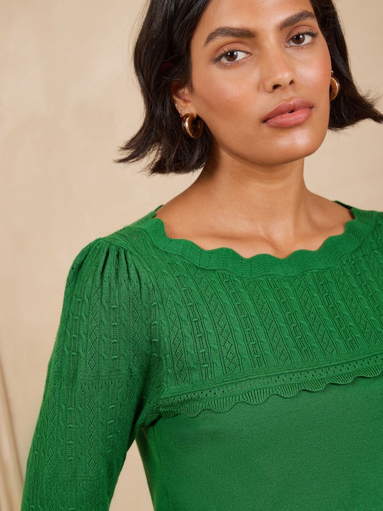 Love & Roses Green Scalloped Slash Neck Long Sleeve Knitted Top - Image 2 of 5