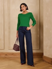 Love & Roses Green Scalloped Slash Neck Long Sleeve Knitted Top - Image 3 of 5