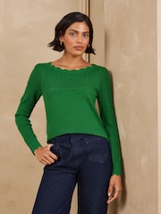 Love & Roses Green Scalloped Slash Neck Long Sleeve Knitted Top - Image 4 of 5