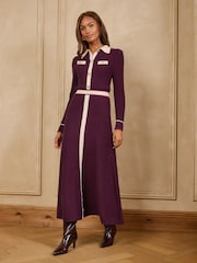 Love & Roses Burgundy Red Collared Detail Button Down Knitted Midi Dress - Image 1 of 4