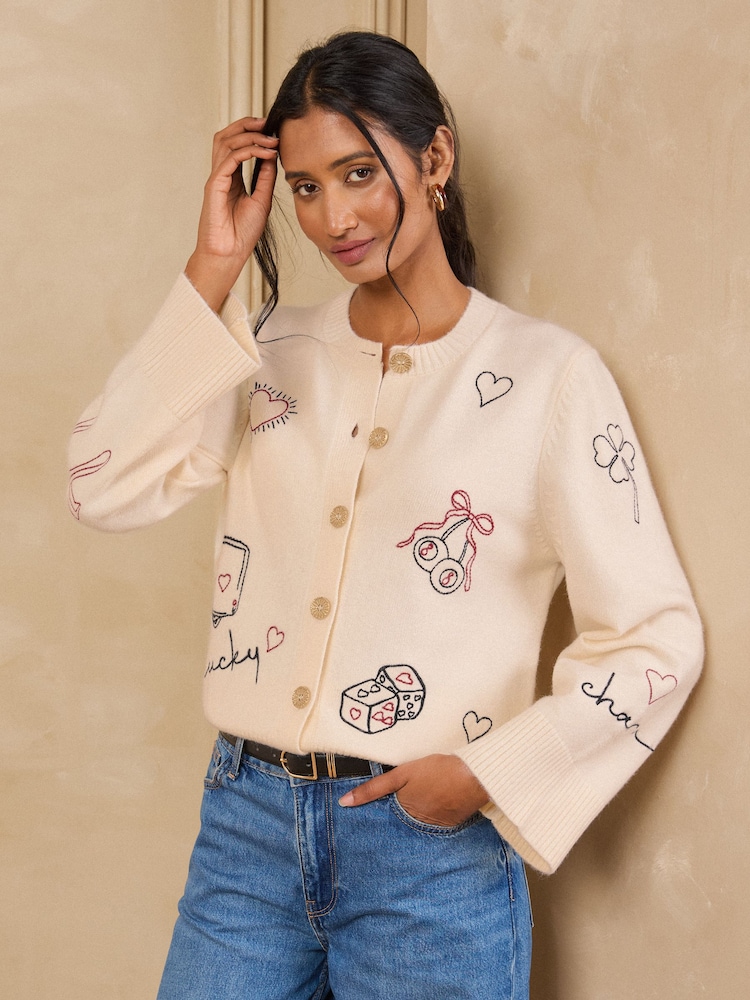 Love & Roses Ivory Crew Neck Embroidered Detail Knitted Cardigan - Image 1 of 5