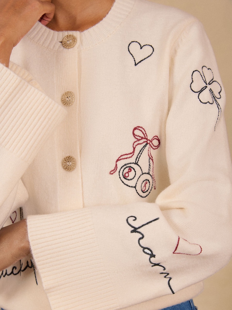 Love & Roses Ivory Crew Neck Embroidered Detail Knitted Cardigan - Image 2 of 5
