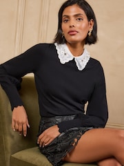 Love & Roses Black/White Embellished Collared Knitted Top - Image 1 of 5