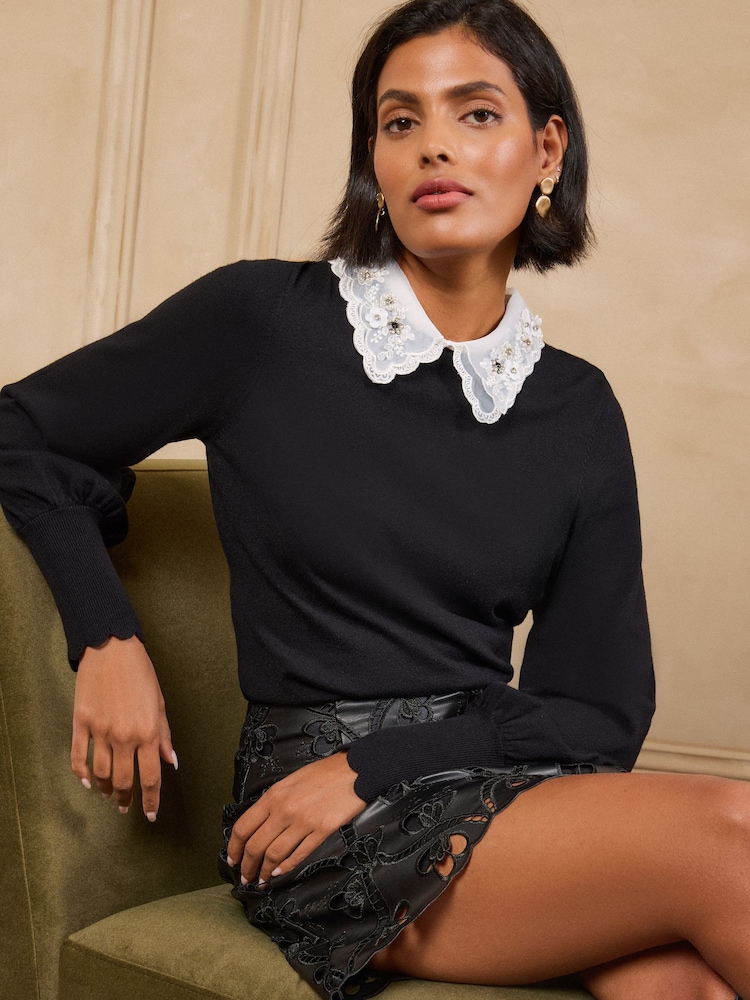 Love & Roses Black/White Embellished Collared Knitted Top - Image 1 of 5