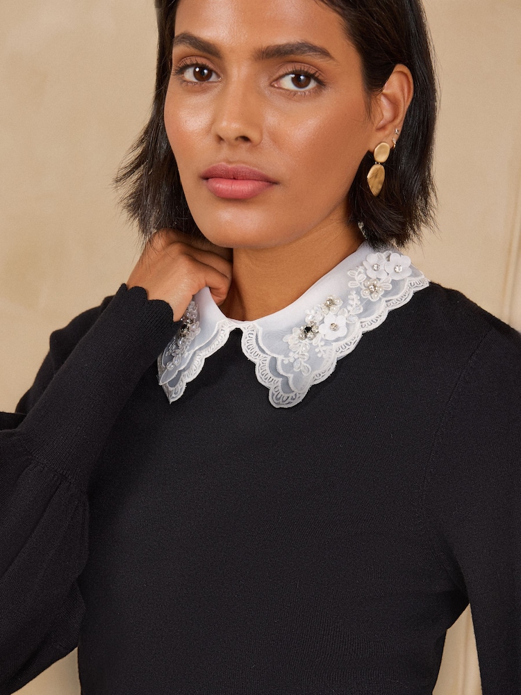 Love & Roses Black/White Embellished Collared Knitted Top - Image 2 of 5