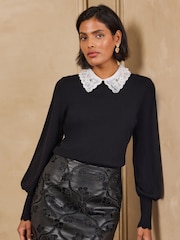 Love & Roses Black/White Embellished Collared Knitted Top - Image 4 of 5
