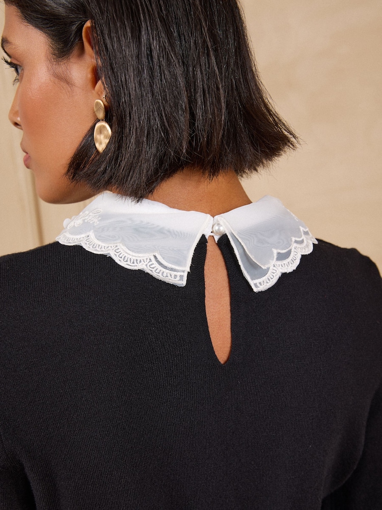 Love & Roses Black/White Embellished Collared Knitted Top - Image 5 of 5