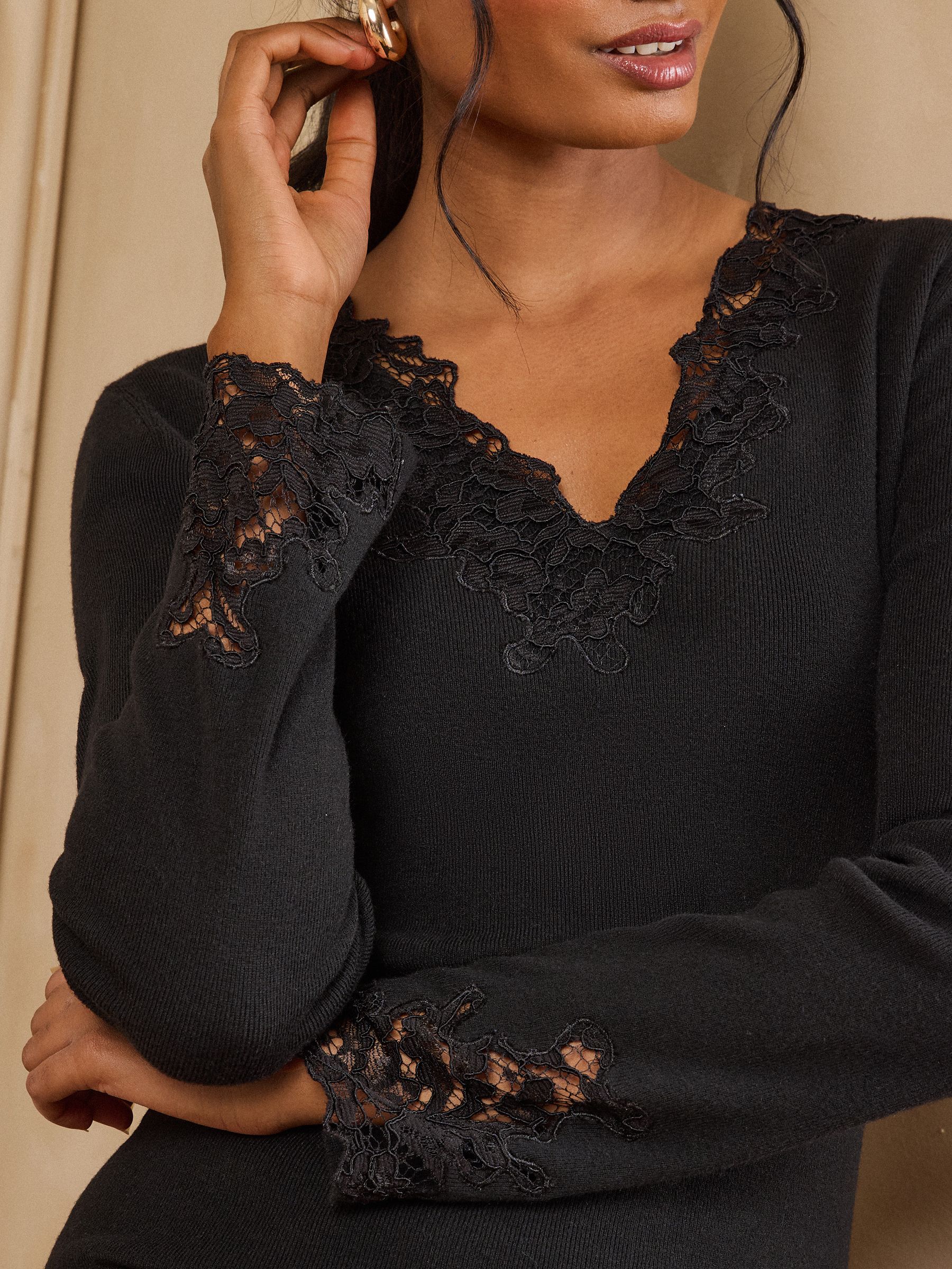 Buy Love & Roses Black Lace Detail V-Neck Long Sleeve Knitted Top