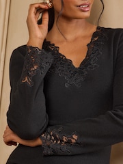 Love & Roses Black Lace Detail V-Neck Long Sleeve Knitted Top - Image 2 of 5
