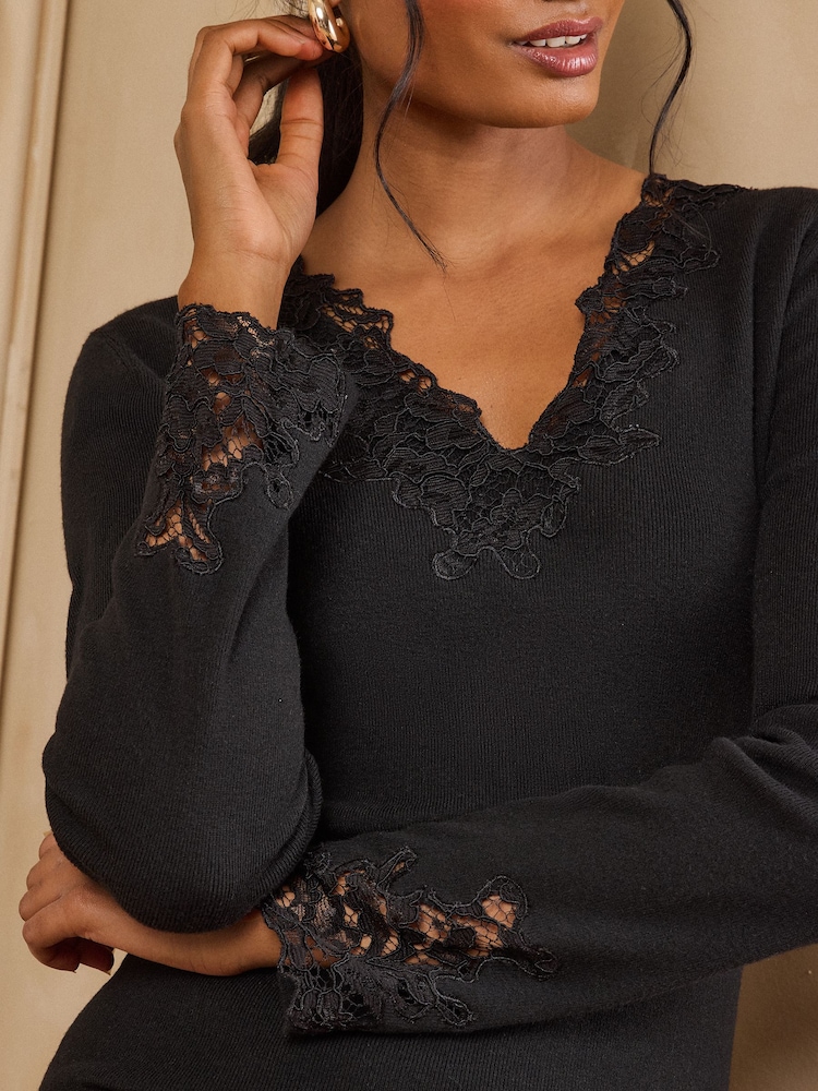 Love & Roses Black Lace Detail V-Neck Long Sleeve Knitted Top - Image 2 of 5 Love & Roses Black Lace Detail V-Neck Long Sleeve Knitted Top - Image 2 of 5