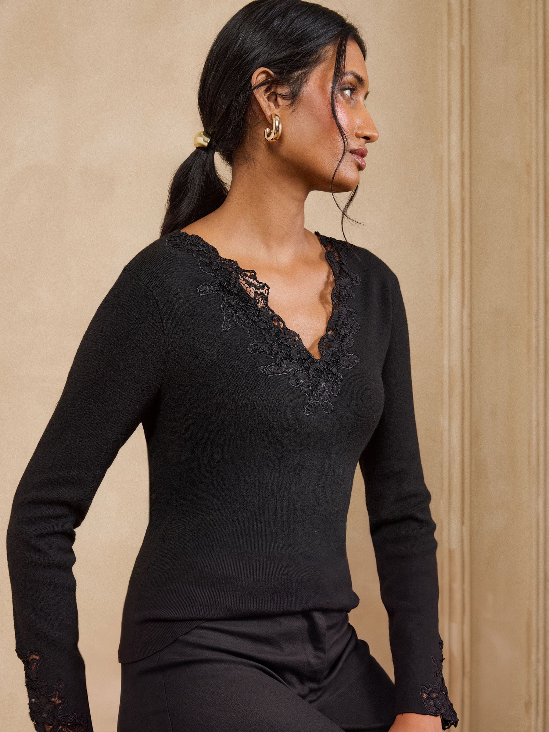 Buy Love & Roses Black Lace Detail V-Neck Long Sleeve Knitted Top
