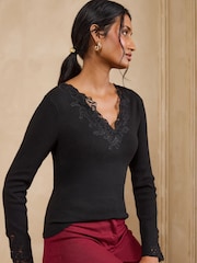 Love & Roses Black Lace Detail V-Neck Long Sleeve Knitted Top - Image 4 of 5