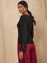 Love & Roses Black Lace Detail V-Neck Long Sleeve Knitted Top - Image 5 of 5