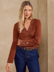 Marron rouille - Love & Roses Haut en maille Dentelle Manches longues Col V - Image 1 de 4
