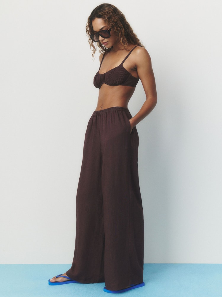 self. Chocolate Brown Beach Trousers with Linen - Image 1 of 6 self. Chocolate Brown Beach Trousers with Linen - Image 1 of 6