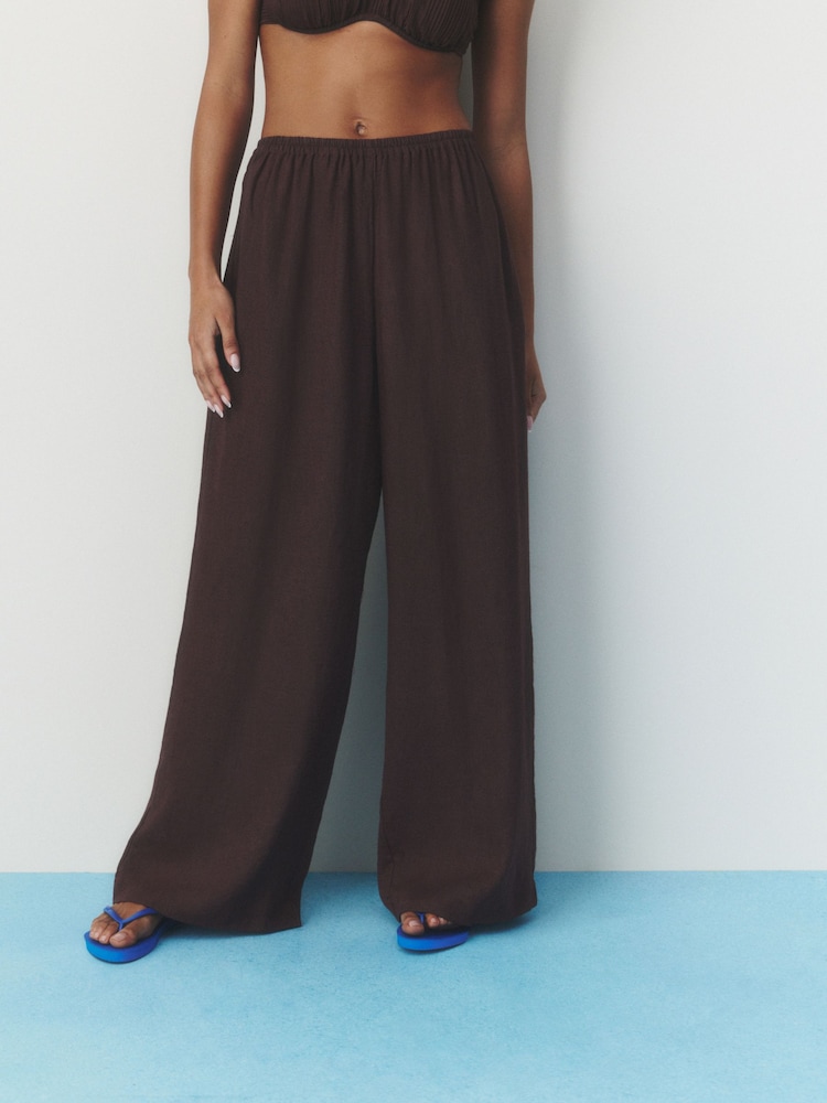 self. Chocolate Brown Beach Trousers with Linen - Image 2 of 6 self. Chocolate Brown Beach Trousers with Linen - Image 2 of 6