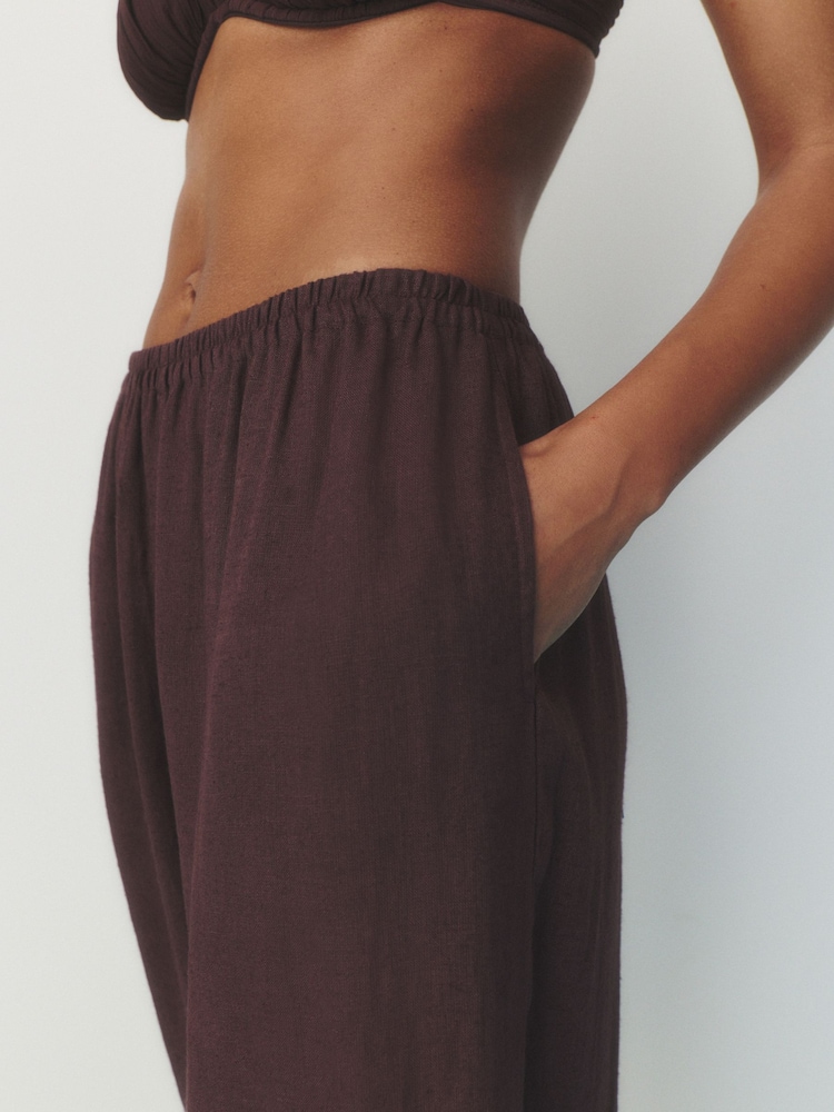 self. Chocolate Brown Beach Trousers with Linen - Image 6 of 6 self. Chocolate Brown Beach Trousers with Linen - Image 6 of 6