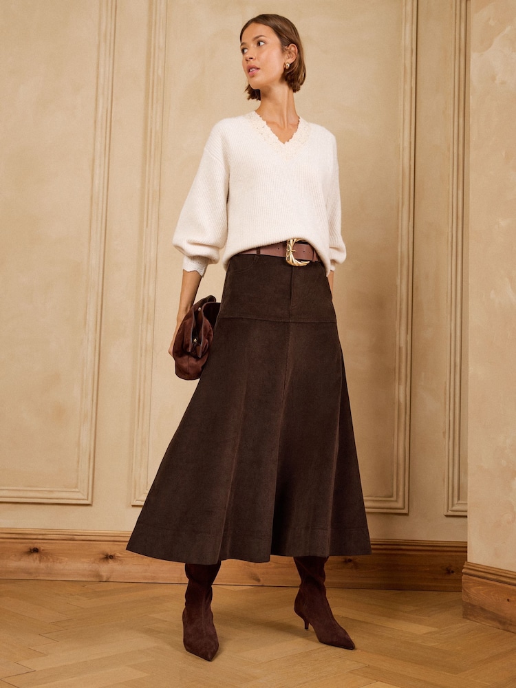 Love & Roses Chocolate Brown Drop Waist Cord Midi Skirt - Image 2 of 5