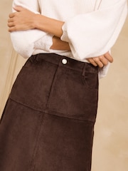 Love & Roses Chocolate Brown Drop Waist Cord Midi Skirt - Image 3 of 5