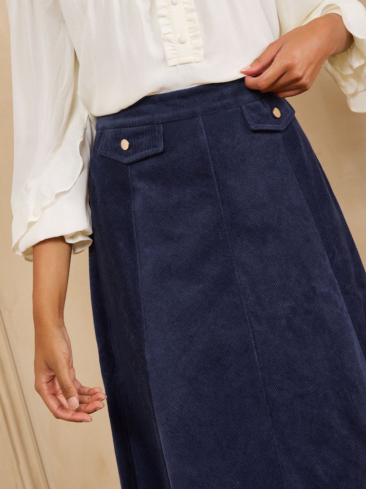Love & Roses Navy Blue Cord Full Circle Midi Skirt - Image 2 of 4