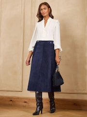 Love & Roses Navy Blue Cord Full Circle Midi Skirt - Image 3 of 4