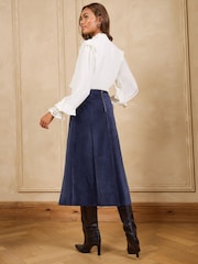 Love & Roses Navy Blue Cord Full Circle Midi Skirt - Image 4 of 4