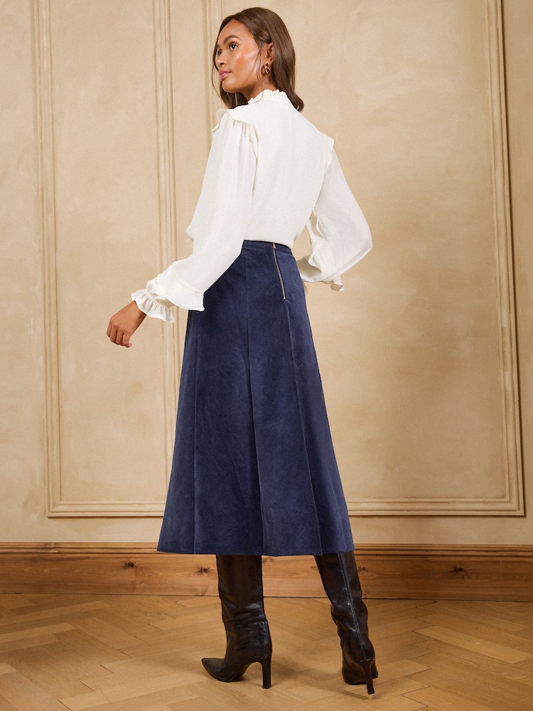 Love & Roses Navy Blue Cord Full Circle Midi Skirt - Image 4 of 4