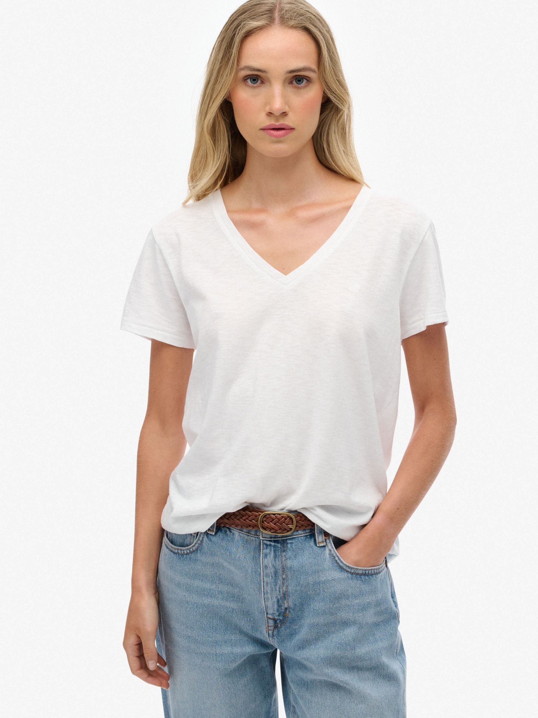 Superdry Women's Pearl White Slub Embroidered V-Neck T-Shirt - Image 1
