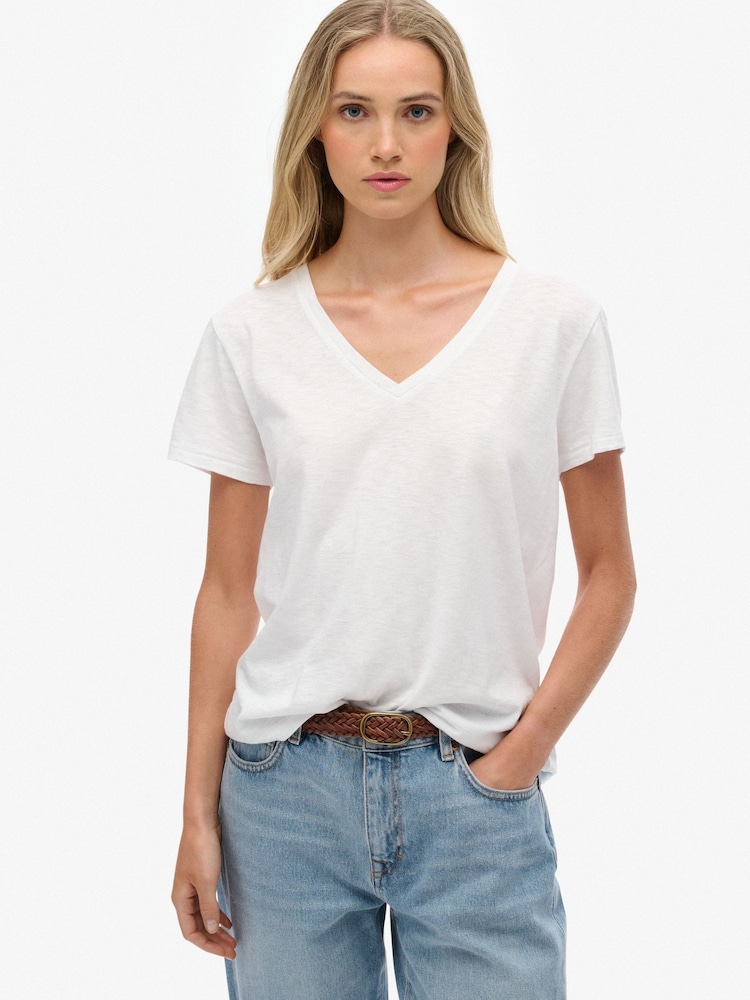 Superdry Pearl White Slub Embroidered V-Neck T-Shirt - Image 1 of 8 Superdry Pearl White Slub Embroidered V-Neck T-Shirt - Image 1 of 8