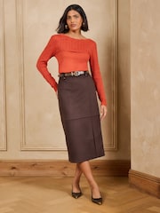Love & Roses Chocolate Brown Suedette Pencil Skirt - Image 1 of 5