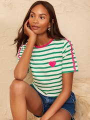 Love & Roses Green/White Stripe Ric Rac Heart Short Sleeve T-Shirt - Image 1 of 4
