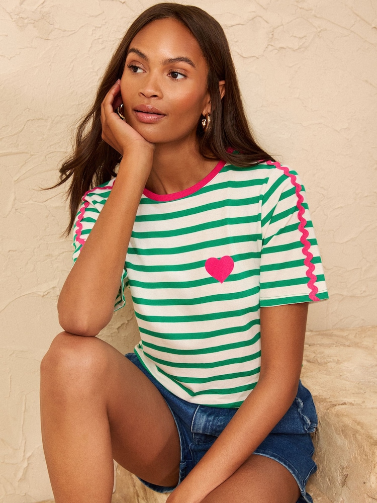 Love & Roses Green/White Stripe Ric Rac Heart Short Sleeve T-Shirt - Image 1 of 4