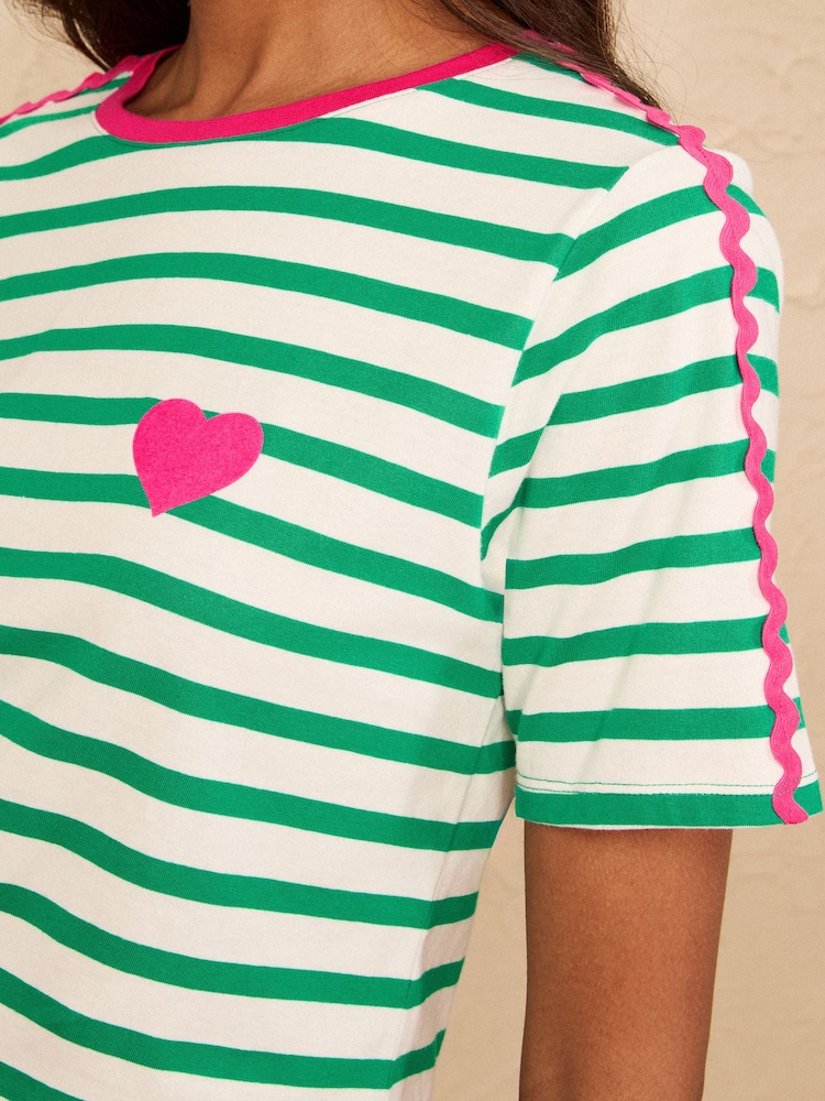 Love & Roses Green/White Stripe Ric Rac Heart Short Sleeve T-Shirt - Image 2 of 4