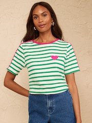 Love & Roses Green/White Stripe Ric Rac Heart Short Sleeve T-Shirt - Image 4 of 4