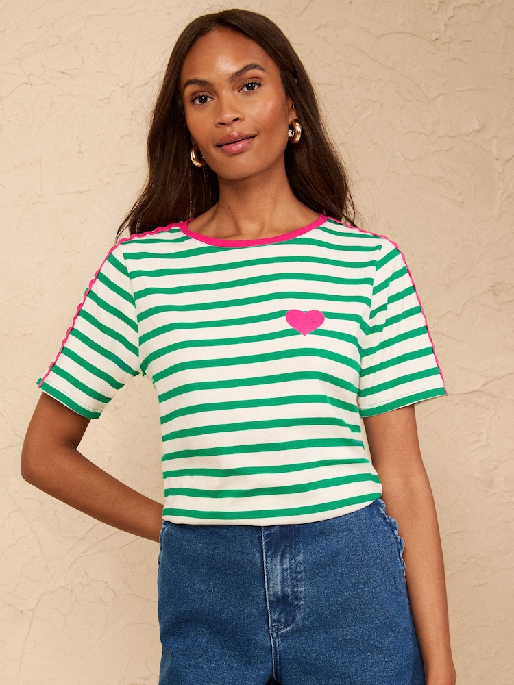 Love & Roses Green/White Stripe Ric Rac Heart Short Sleeve T-Shirt - Image 4 of 4