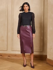 Burgundy Red - Love & Roses Faux Leather Pencil Midi Skirt - Larawan 3 ng 5