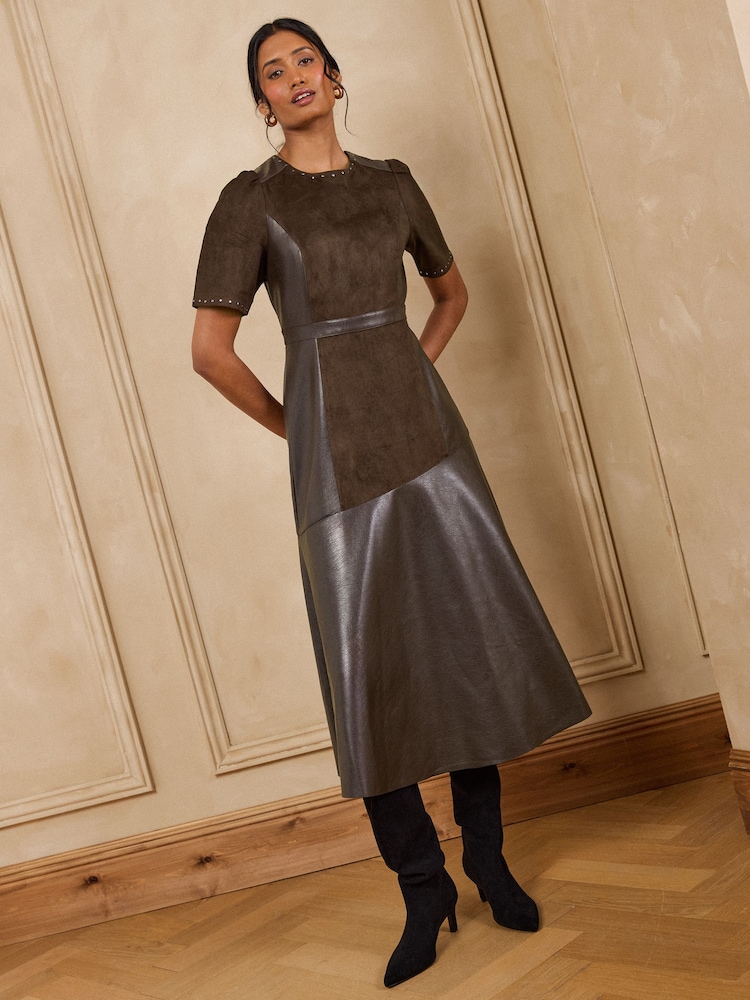 Love & Roses Chocolate Brown Suede Faux Leather Stud Mix Midi Dress - Image 1 of 5 Love & Roses Chocolate Brown Suede Faux Leather Stud Mix Midi Dress - Image 1 of 5
