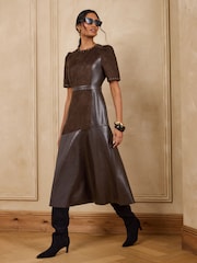 Love & Roses Chocolate Brown Suede Faux Leather Stud Mix Midi Dress - Image 3 of 5