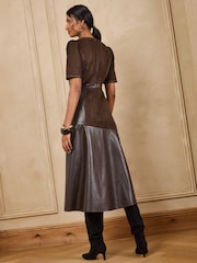Love & Roses Chocolate Brown Suede Faux Leather Stud Mix Midi Dress - Image 4 of 5