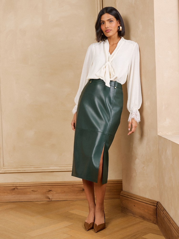 Love & Roses Forest Green Faux Leather Pencil Midi Skirt - Image 2 of 5