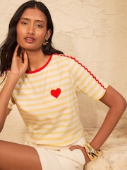 Love & Roses Yellow/White Stripe Ric Rac Heart Short Sleeve T-Shirt - Image 1 of 4