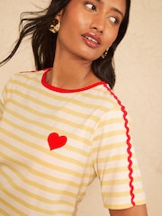 Love & Roses Yellow/White Stripe Ric Rac Heart Short Sleeve T-Shirt - Image 2 of 4