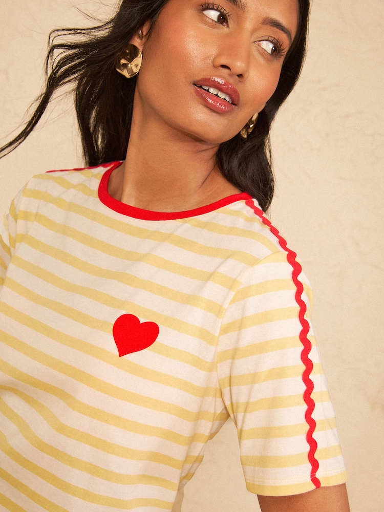 Love & Roses Yellow/White Stripe Ric Rac Heart Short Sleeve T-Shirt - Image 2 of 4