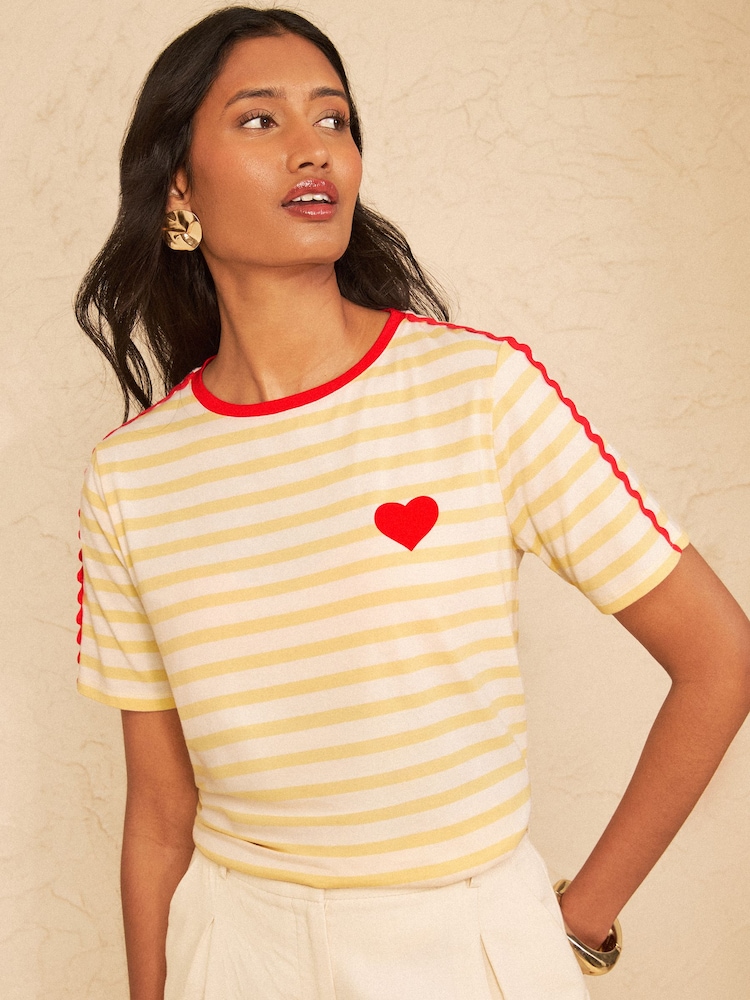 Love & Roses Yellow/White Stripe Ric Rac Heart Short Sleeve T-Shirt - Image 4 of 4
