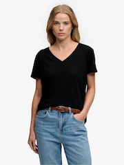 Superdry Black Slub Embroidered V-Neck T-Shirt - Image 1 of 7