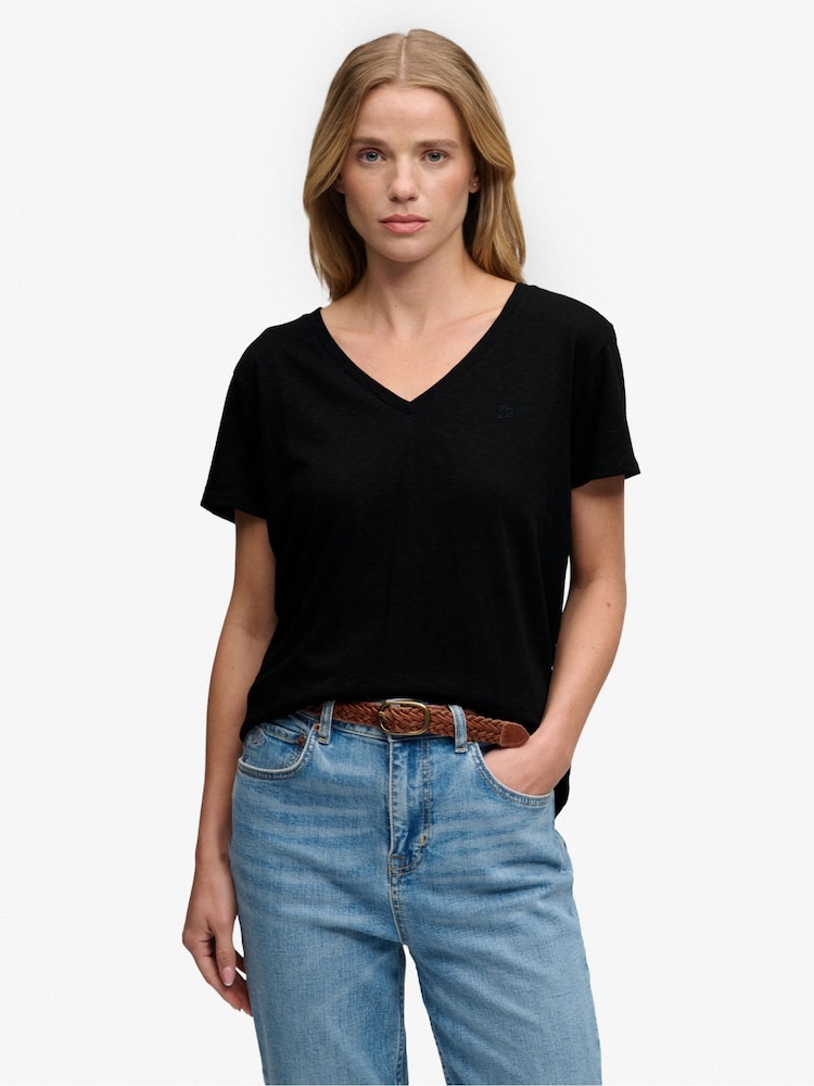 Superdry Black Slub Embroidered V-Neck T-Shirt - Image 1 of 7